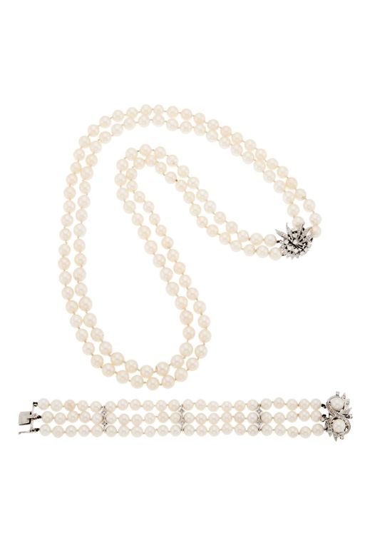 14k Gold Pearl and Diamond Jewelry Set