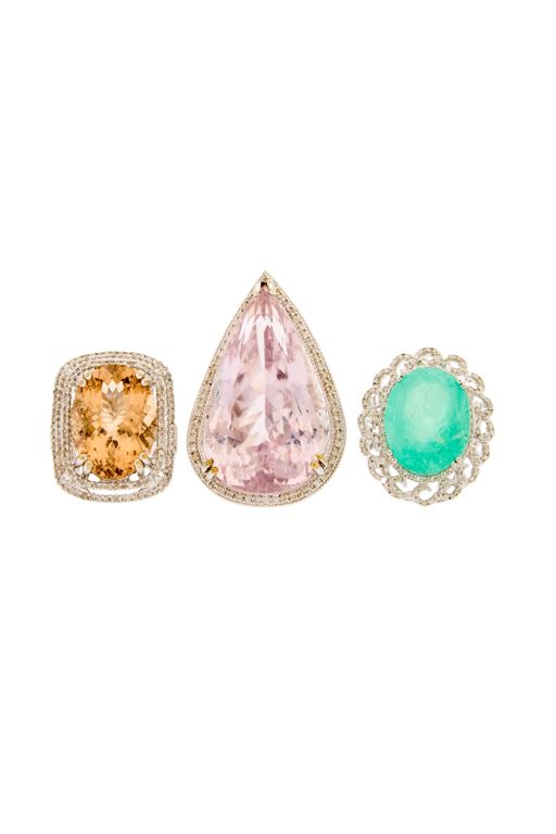 Three Emerald, Kunzite, Beryl and Diamond Rings