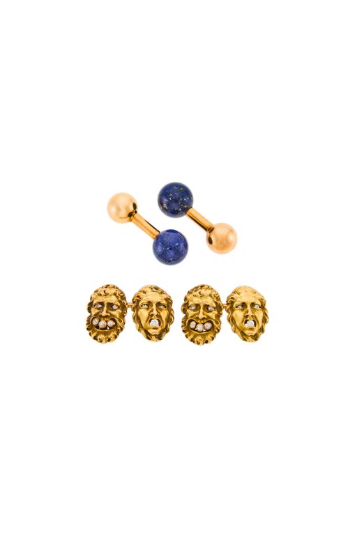 Two Pairs of 14k Gold Lapis and Diamond Cufflinks