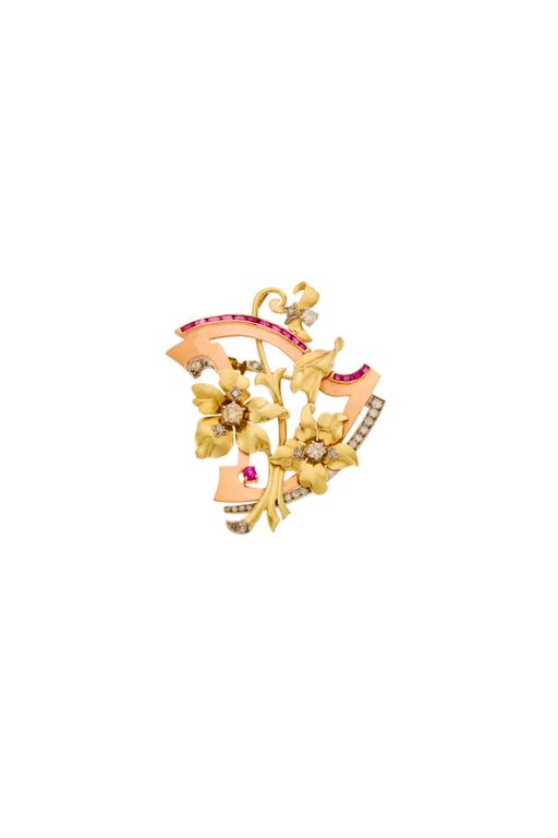 14k Gold Ruby and Diamond Pendant Brooch