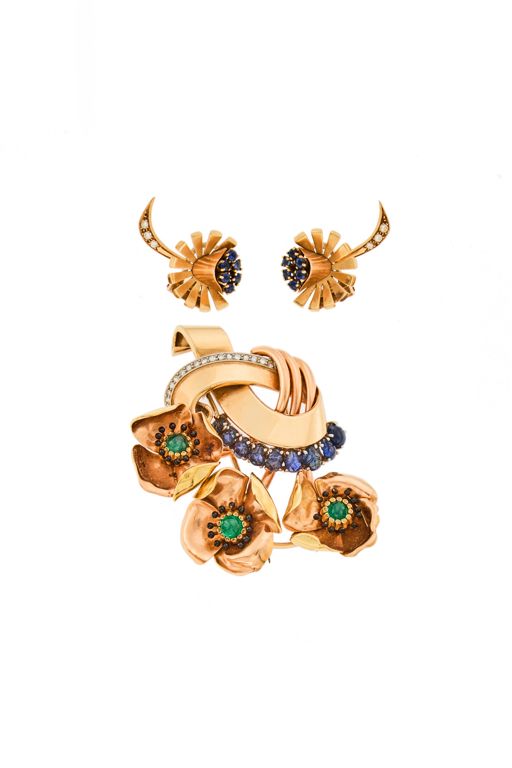 14k Gold Emerald Sapphire and Diamond Jewelry Set