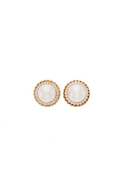 Pair of 18k Gold Pearl and Diamond Earrings