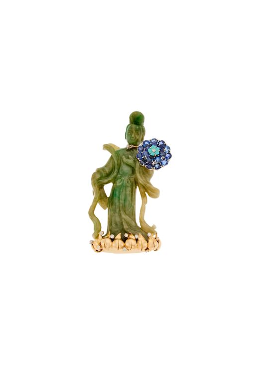 14k Gold Nephrite Sapphire and Diamond Brooch