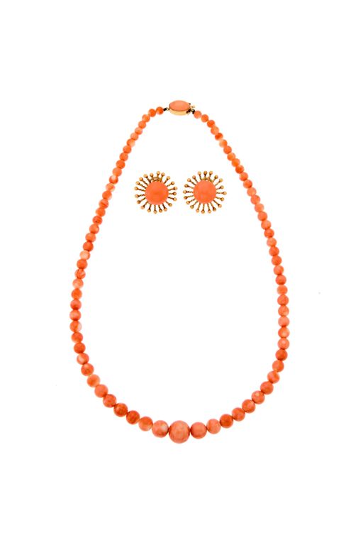 18k Gold Coral Earrings and Necklace