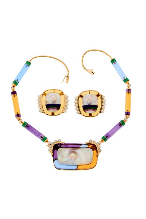 Gold Pearl and Diamond Necklace and Earrings