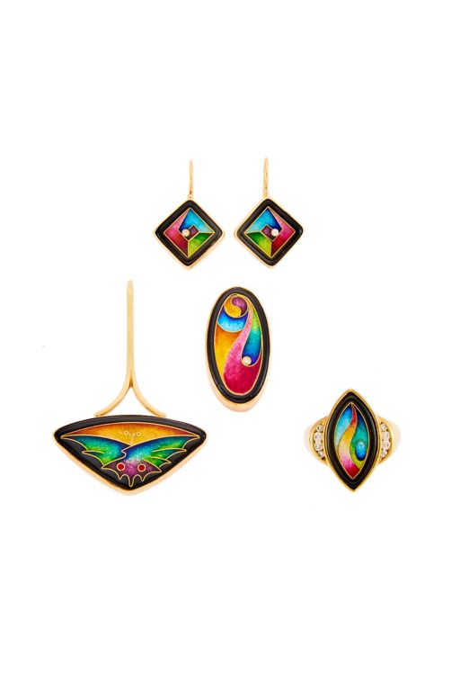 Gold Enamel and Diamond Jewelry Set