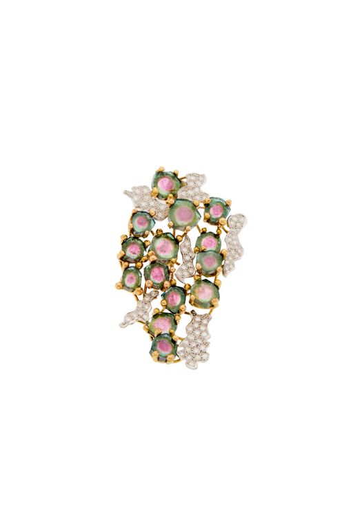 14k Gold Platinum Tourmaline and Diamond Brooch