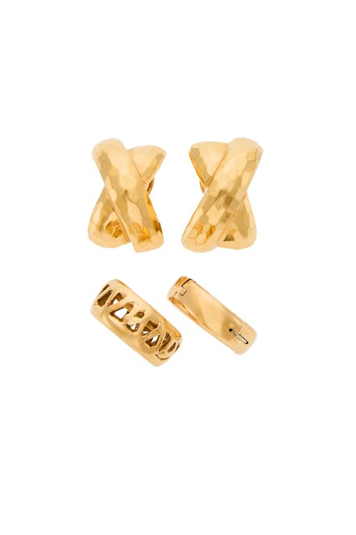 Pair of Gold 'X' Earrings and Two Gold Band Rings