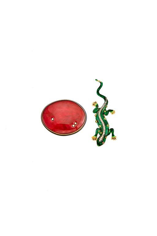 Two Gold and Sterling Silver Multi-Gem Brooches
