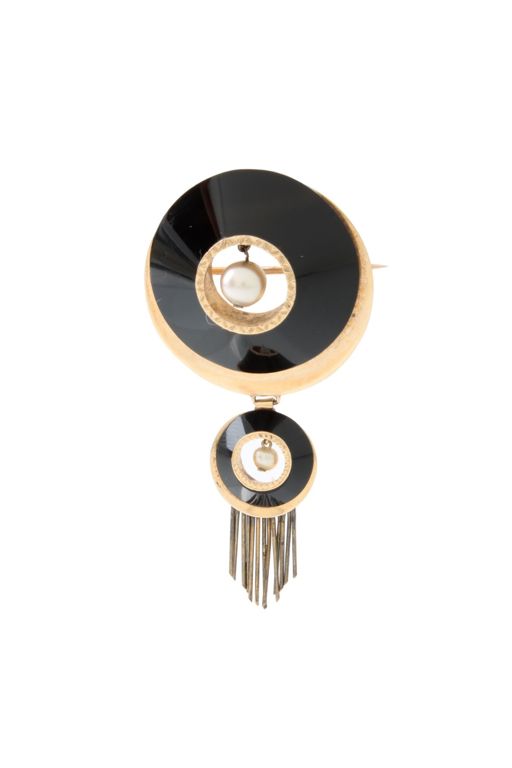 14k Yellow Gold Onyx and Pearl Brooch