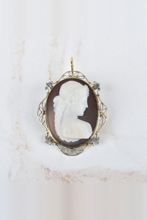 14k Two-Tone Gold Agate Cameo Pendant/Brooch