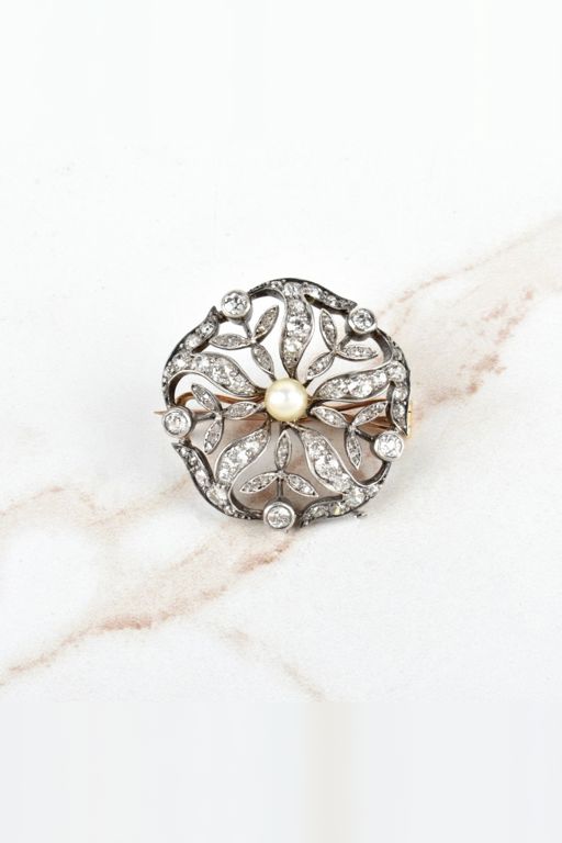 Gold and Silver Diamond and Pearl Snowflake Brooch