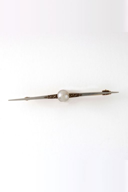 14k Gold and Platinum Pearl and Diamond Bar Brooch
