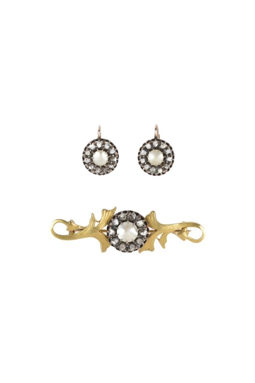 Yellow Gold Diamond and Pearl Jewelry Set