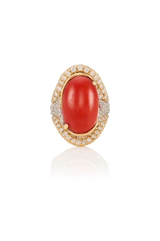 18k Gold Coral and Diamond Ring