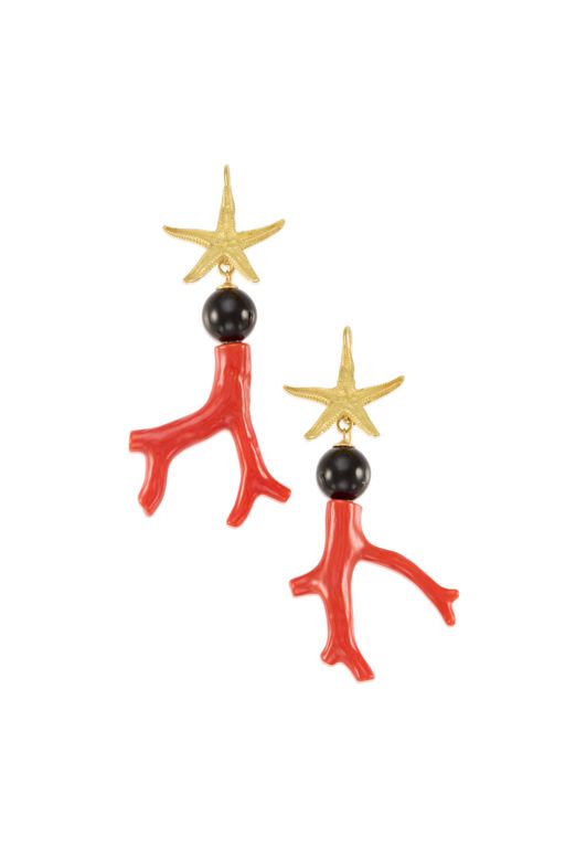 Pair of 19k Gold Coral and Onyx Earrings