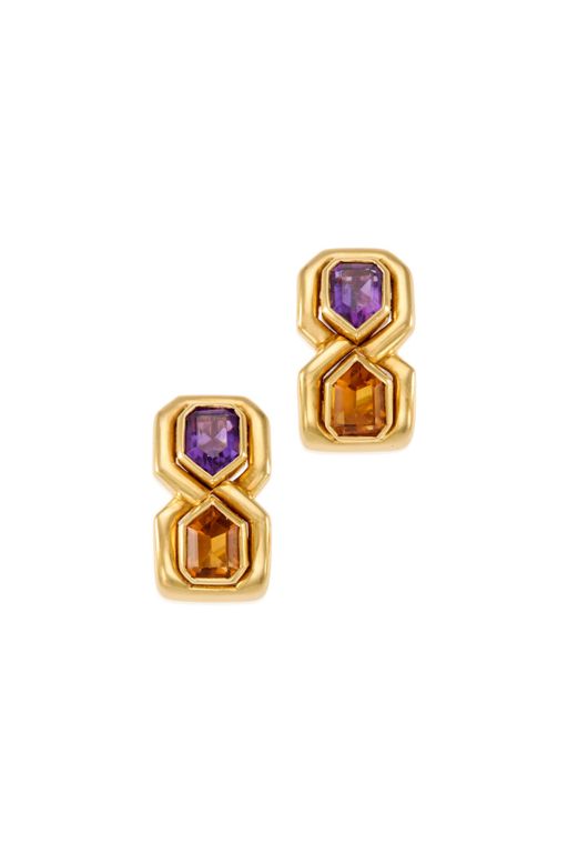 Pair of 18k Gold Amethyst and Citrine Earrings