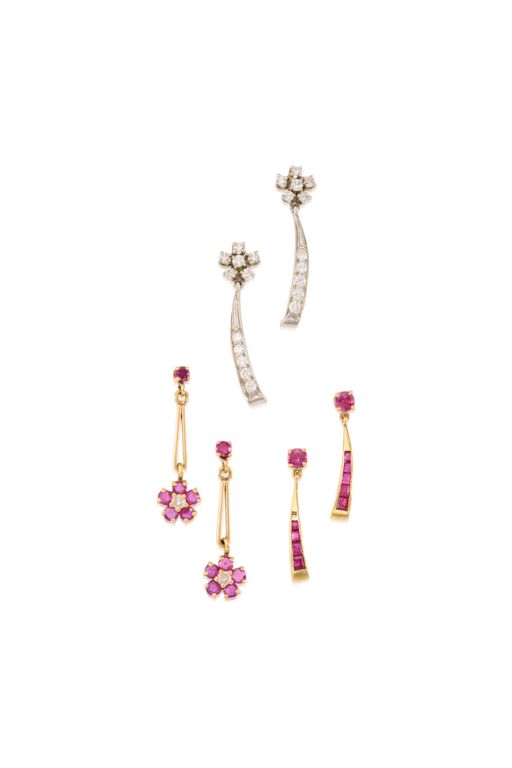 Gold and Platinum Ruby and Diamond Earrings