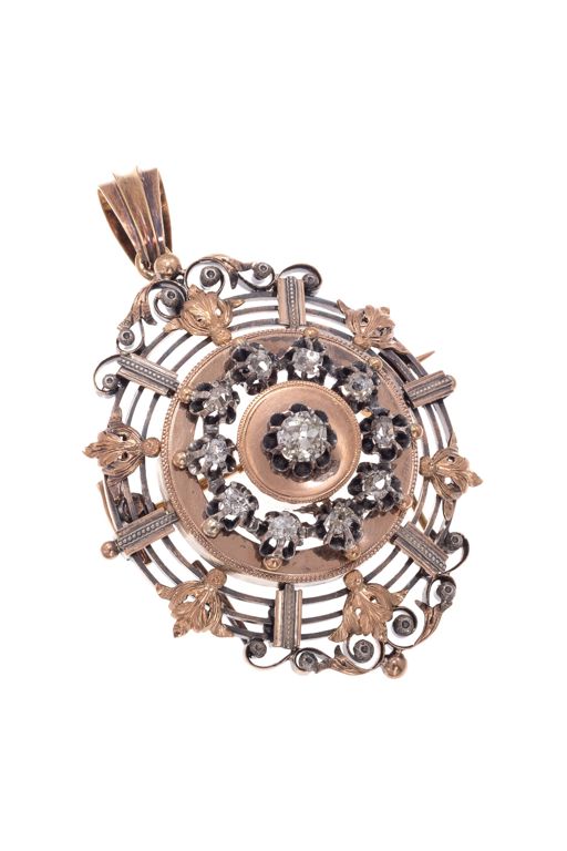 18k Gold and Silver Diamond Pendant Brooch
