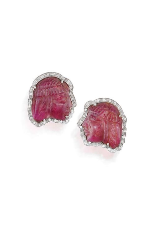 18k Gold Carved Ruby and Diamond Earrings