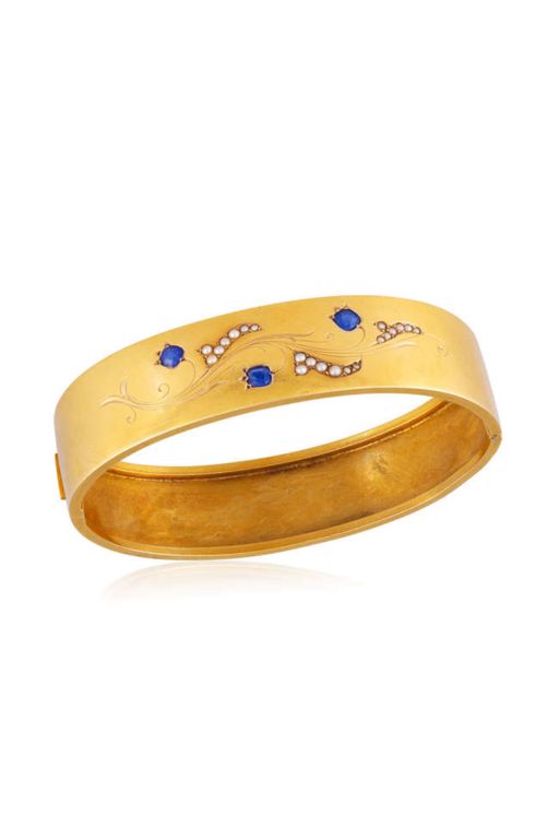 Yellow Gold Blue Stone and Pearl Bangle Bracelet