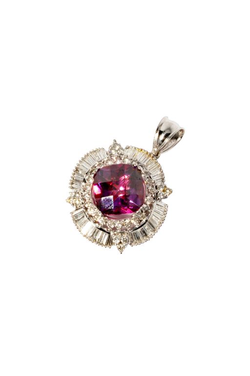 18k White Gold Pink Glass and Diamond Pendant
