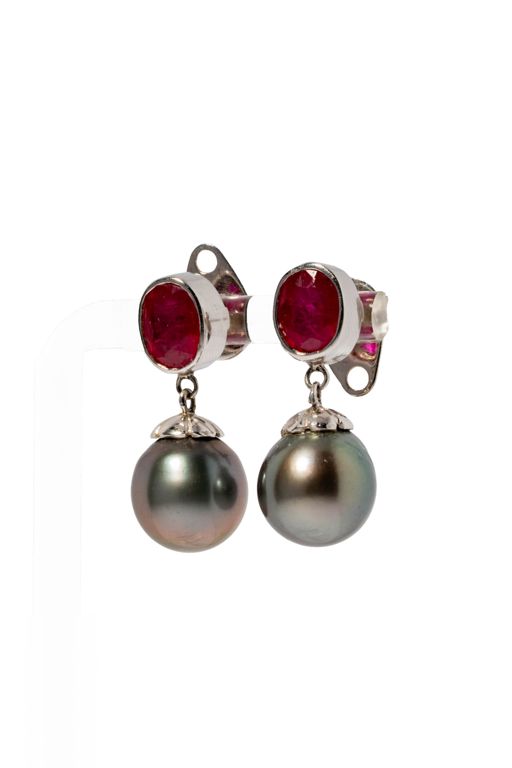 14k White Gold Pearl and Ruby Drop Earrings