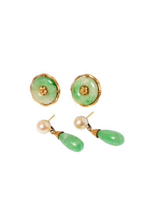 Two Pairs of 14k Yellow Gold Jade Earrings