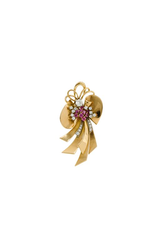 18k Gold Ruby and Diamond Bow Brooch