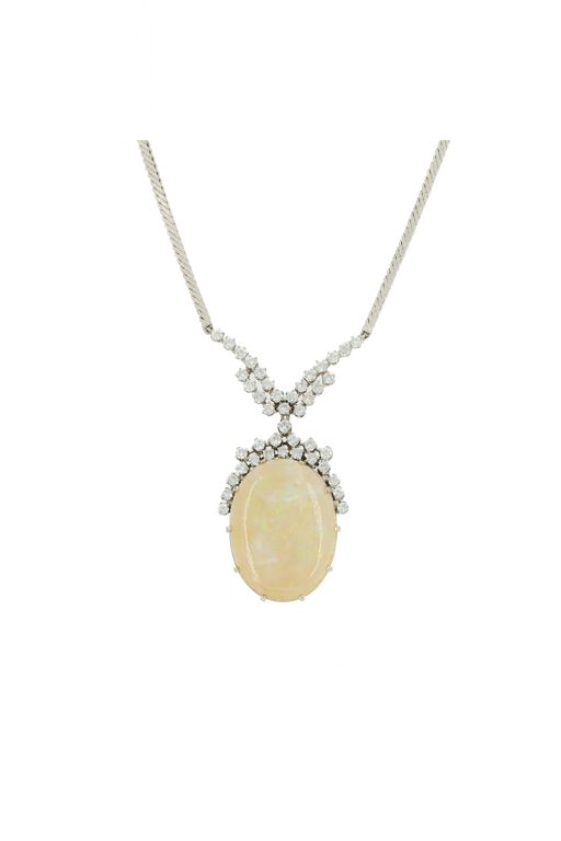 8k White Gold Opal and Diamond Pendant Necklace