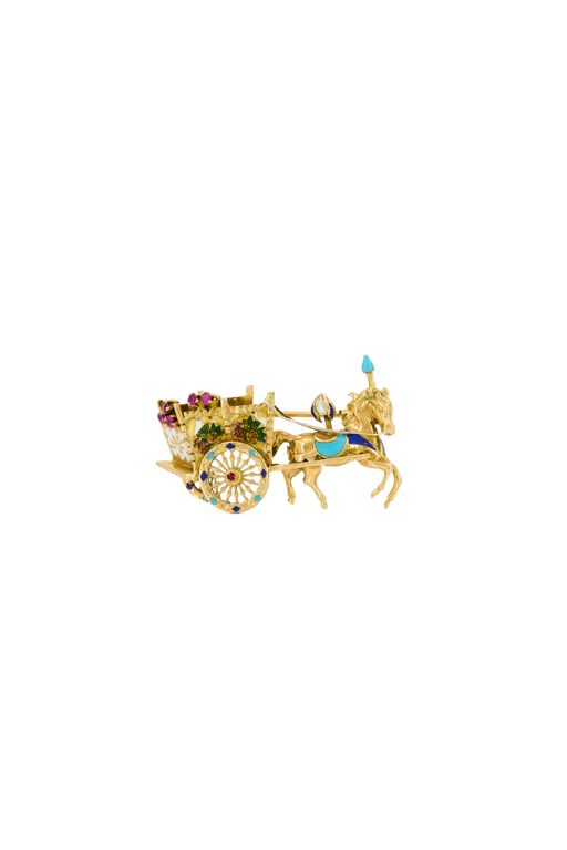 18k Yellow Gold Enamel and Ruby Carriage Brooch
