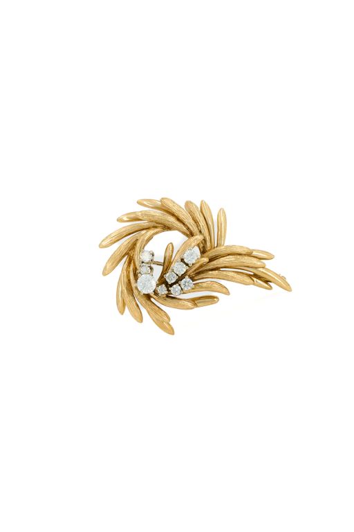 14k Yellow and White Gold Diamond Feather Brooch