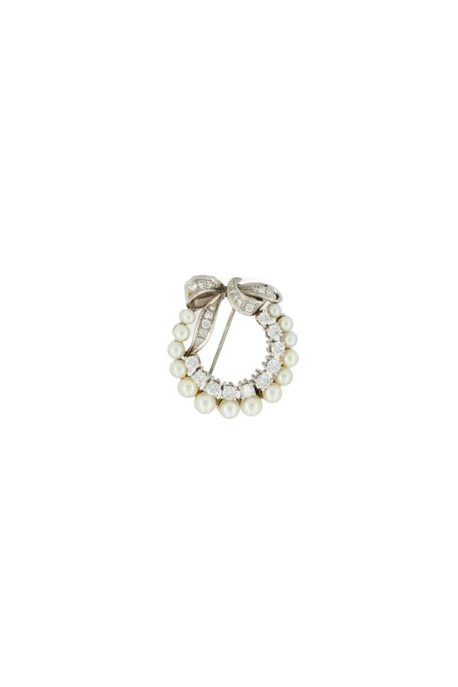 18k White Gold Pearl and Diamond Bow Brooch