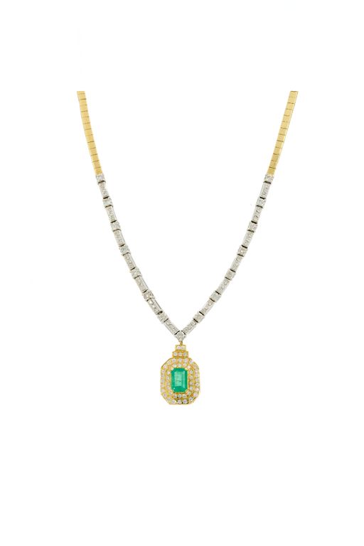 18k Gold Emerald and Diamond Pendant Necklace