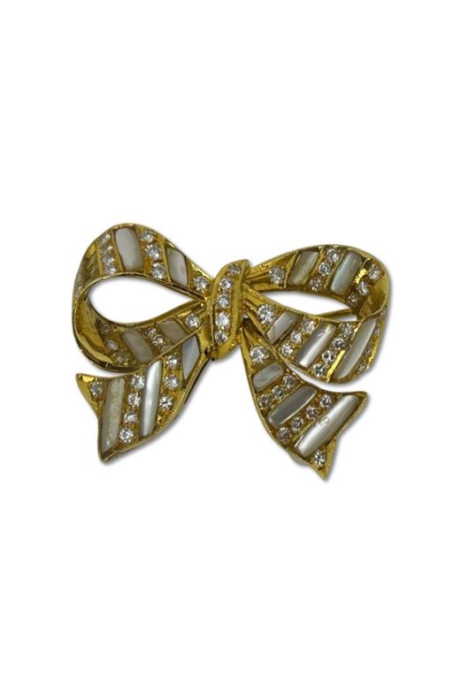 18k Yellow Gold and Mother of Pearl Diamond Brooch