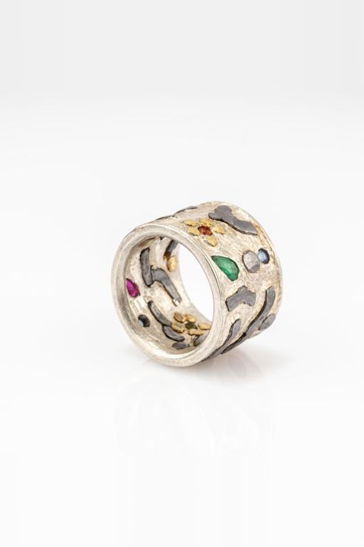 Silver, Tantalum and Gold Multi-Gem Ring