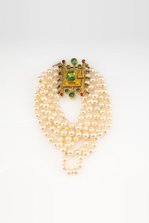 Gold Pearl Ruby and Emerald Bracelet