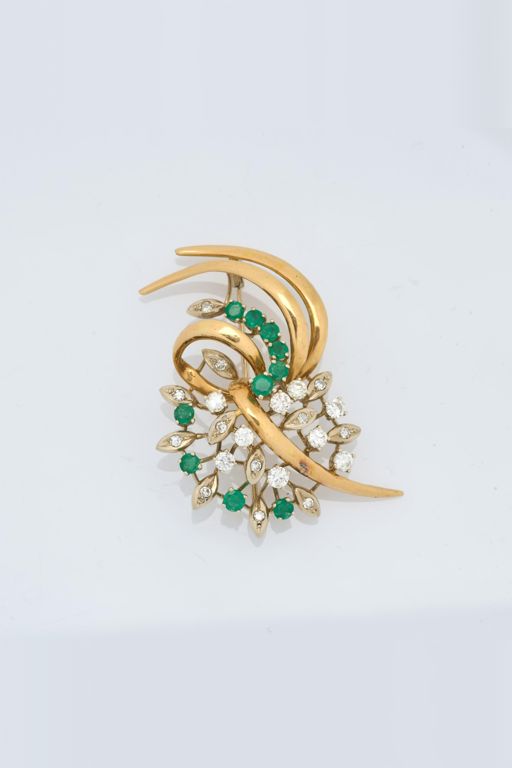 18k Gold Emerald and Diamond Brooch