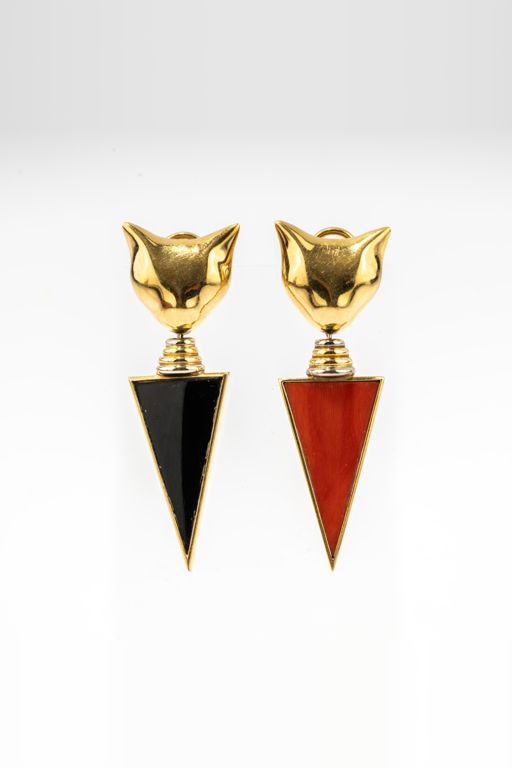 Pair of 18k Gold Onyx and Coral Earrings