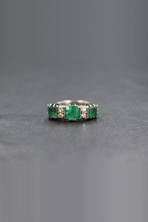 White Metal Emerald and Diamond Ring