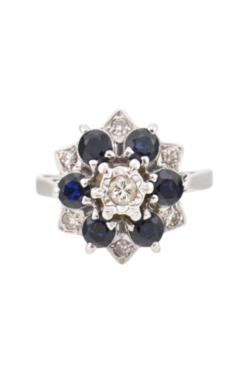 White Gold Sapphire and Diamond Cluster Ring