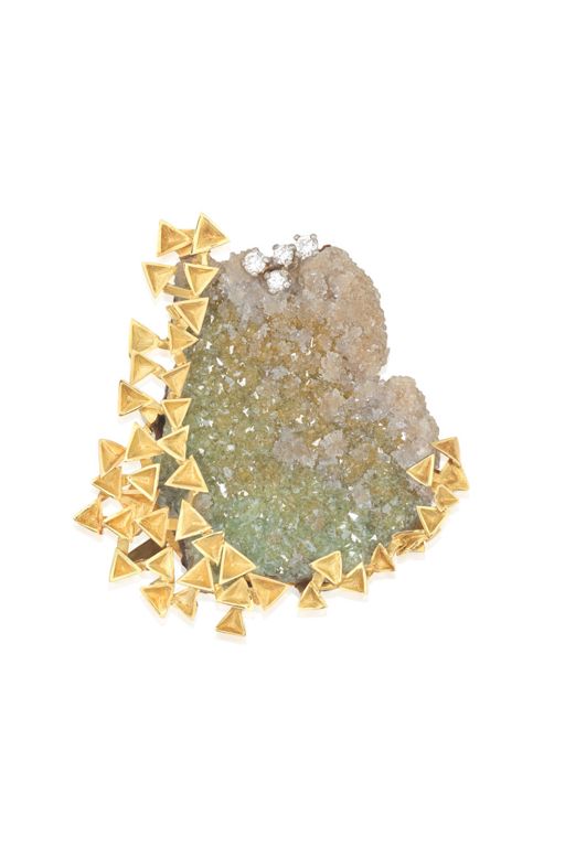 18k Gold Quartz and Diamond Brooch