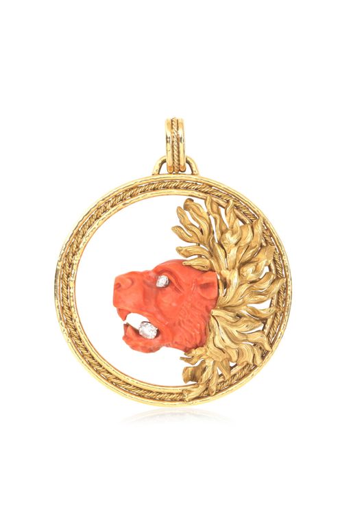 18k Gold Coral and Diamond Pendant