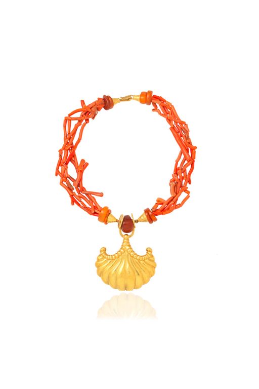 18k Gold Coral and Amber Pendant Necklace
