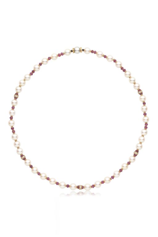18k Gold Pearl Ruby and Diamond Necklace