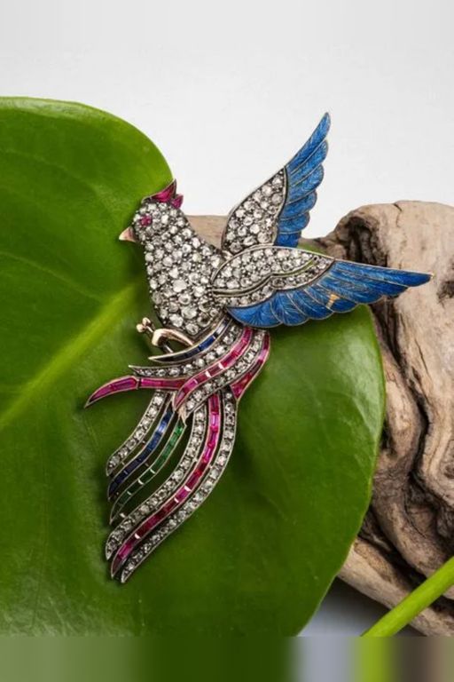 18k Rose Gold and Silver Multi-Gem Bird Brooch