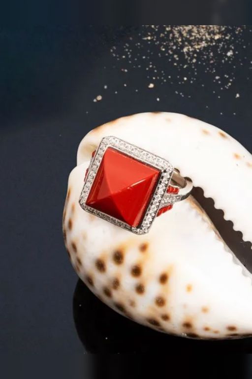 18k White Gold Coral and Diamond Cocktail Ring