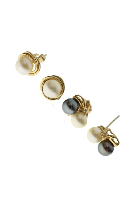 Two Pairs of 14k Gold Pearl and Diamond Earrings