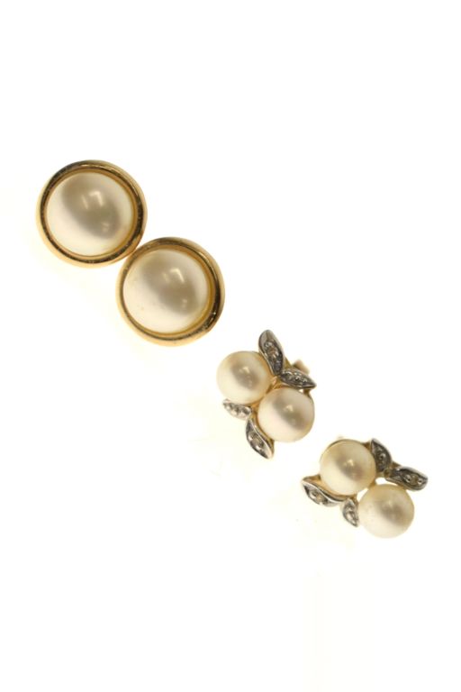 Two Pairs of 14k Gold Pearl and Diamond Earrings