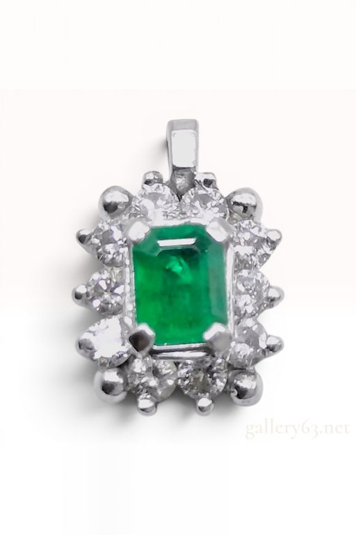 Platinum Emerald and Diamond Cluster Pendant